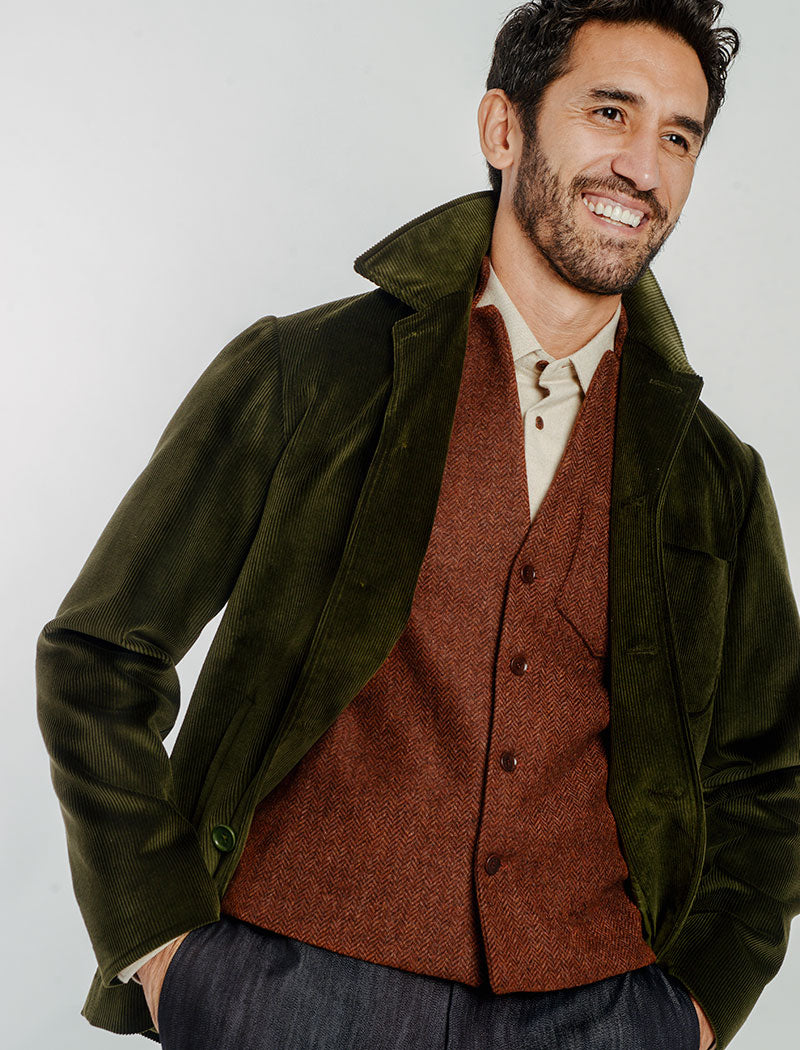 Rust Herringbone Shetland Wool Mandarin Waistcoat