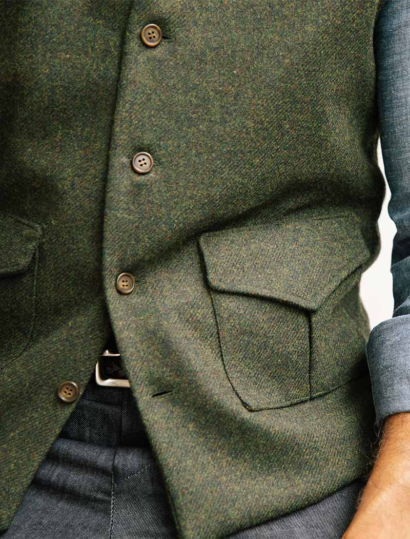 Green Melange Twill Lambswool Mandarin Waistcoat | 40 Colori