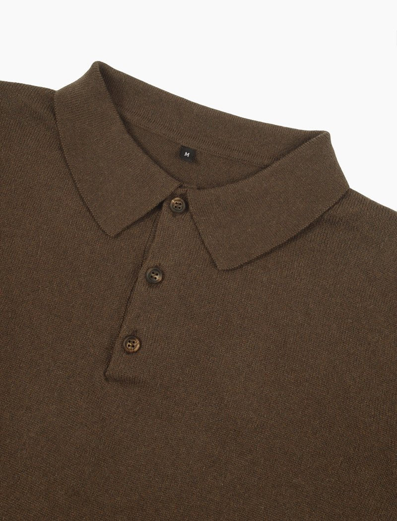 Dark Brown Long Sleeve Cotton, Cashmere & Silk Knit Polo | 40 Colori