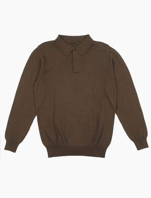 Dark Brown Long Sleeve Cotton, Cashmere & Silk Knit Polo | 40 Colori