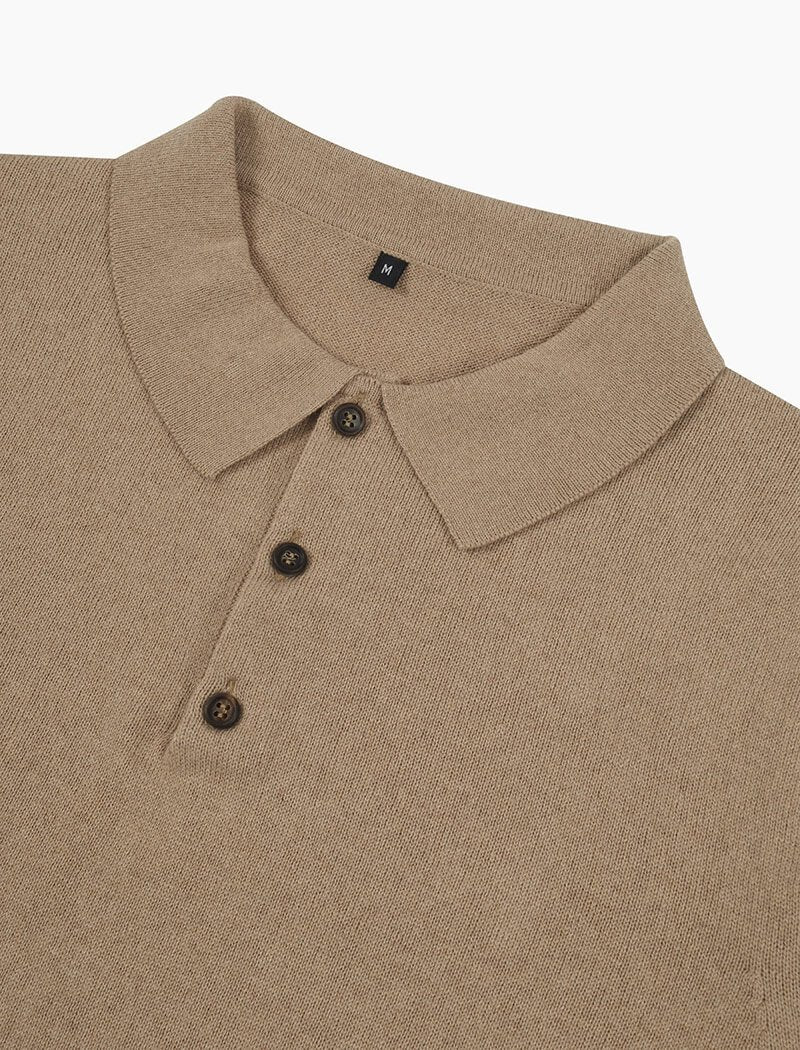 Beige Long Sleeve Cotton, Cashmere & Silk Knit Polo | 40 Colori 