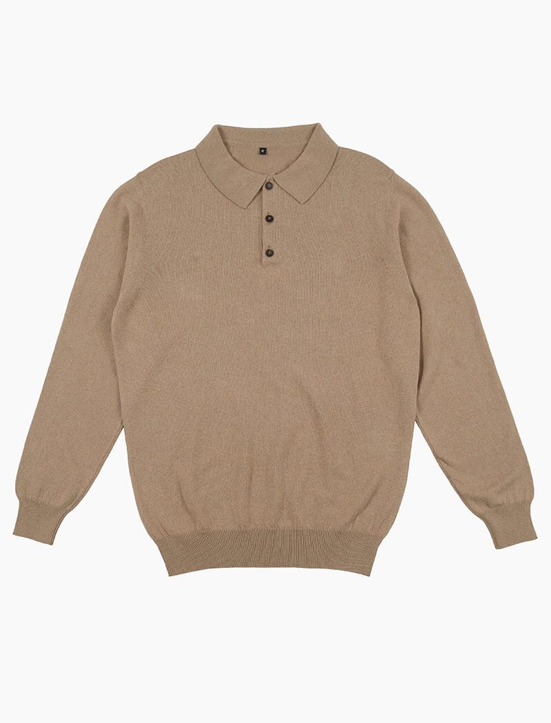 Beige Long Sleeve Cotton, Cashmere & Silk Knit Polo | 40 Colori 