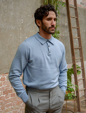 Light Blue Long Sleeve Cotton, Cashmere & Silk Knit Polo | 40 Colori 