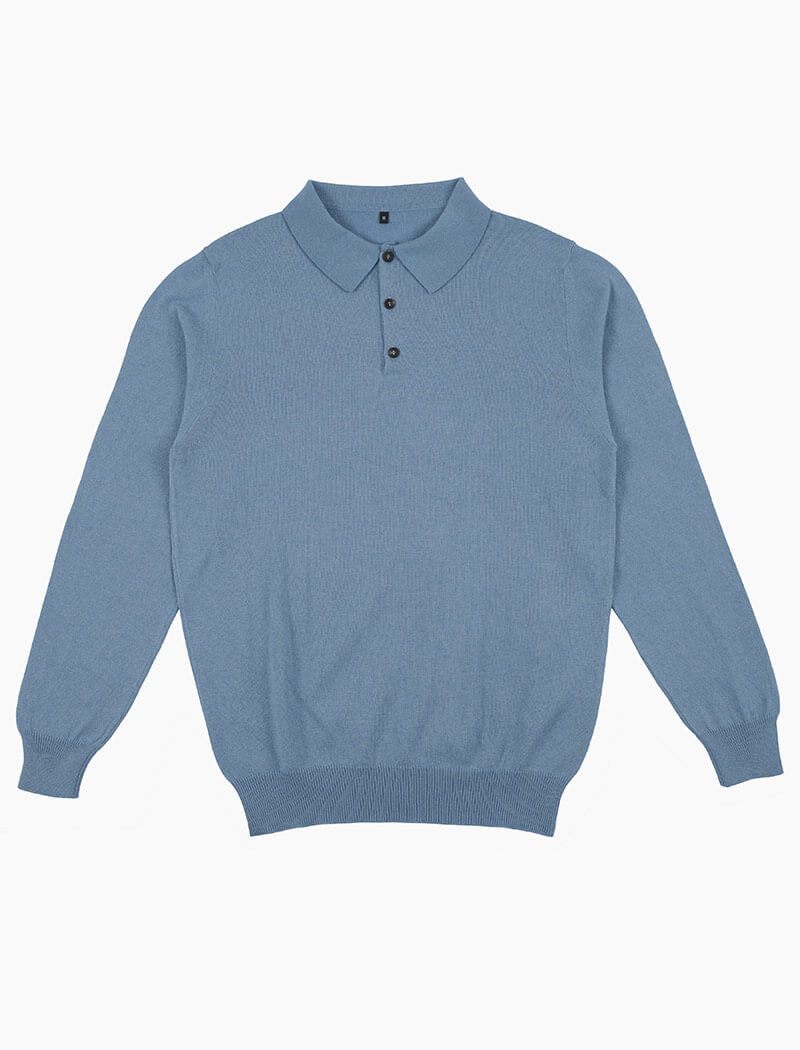 Light Blue Long Sleeve Cotton, Cashmere & Silk Knit Polo | 40 Colori 