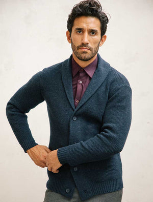 Navy Ribbed Shawl Neck Wool & Cashmere Cardigan | 40 Colori