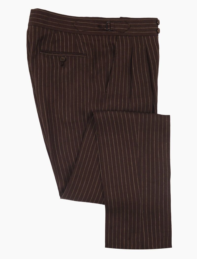 Brown Striped Cotton & Linen Double Pleated Trousers | 40 Colori