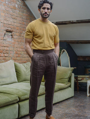 Brown Striped Cotton & Linen Double Pleated Trousers | 40 Colori