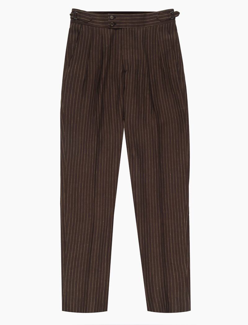 Men's Brown Striped Cotton \u0026 Linen High Waisted Trousers - 40 Colori