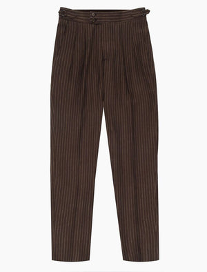 Brown Striped Cotton & Linen Double Pleated Trousers | 40 Colori