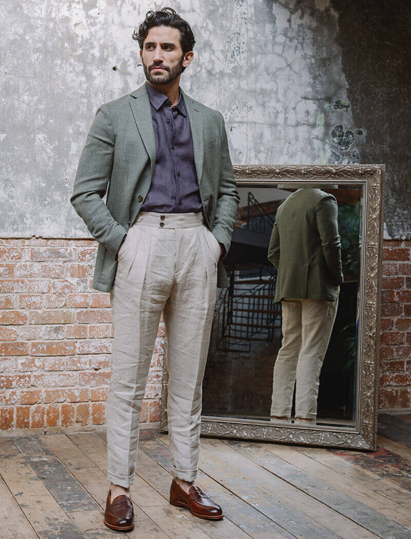 Beige Linen Double Pleated Trousers | 40 Colori