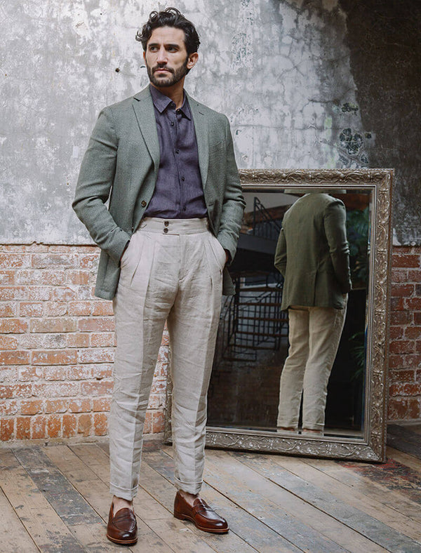 Men's Beige Linen High Waisted Trousers 40 Colori