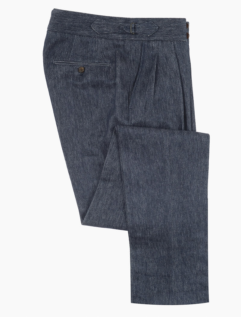 Dark Blue Cotton & Linen Double Pleated Trousers | 40 Colori