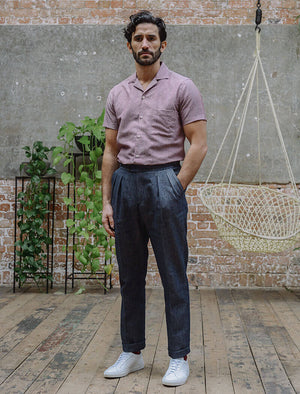 Dark Blue Cotton & Linen Double Pleated Trousers | 40 Colori