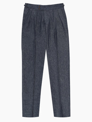 Dark Blue Cotton & Linen Double Pleated Trousers | 40 Colori