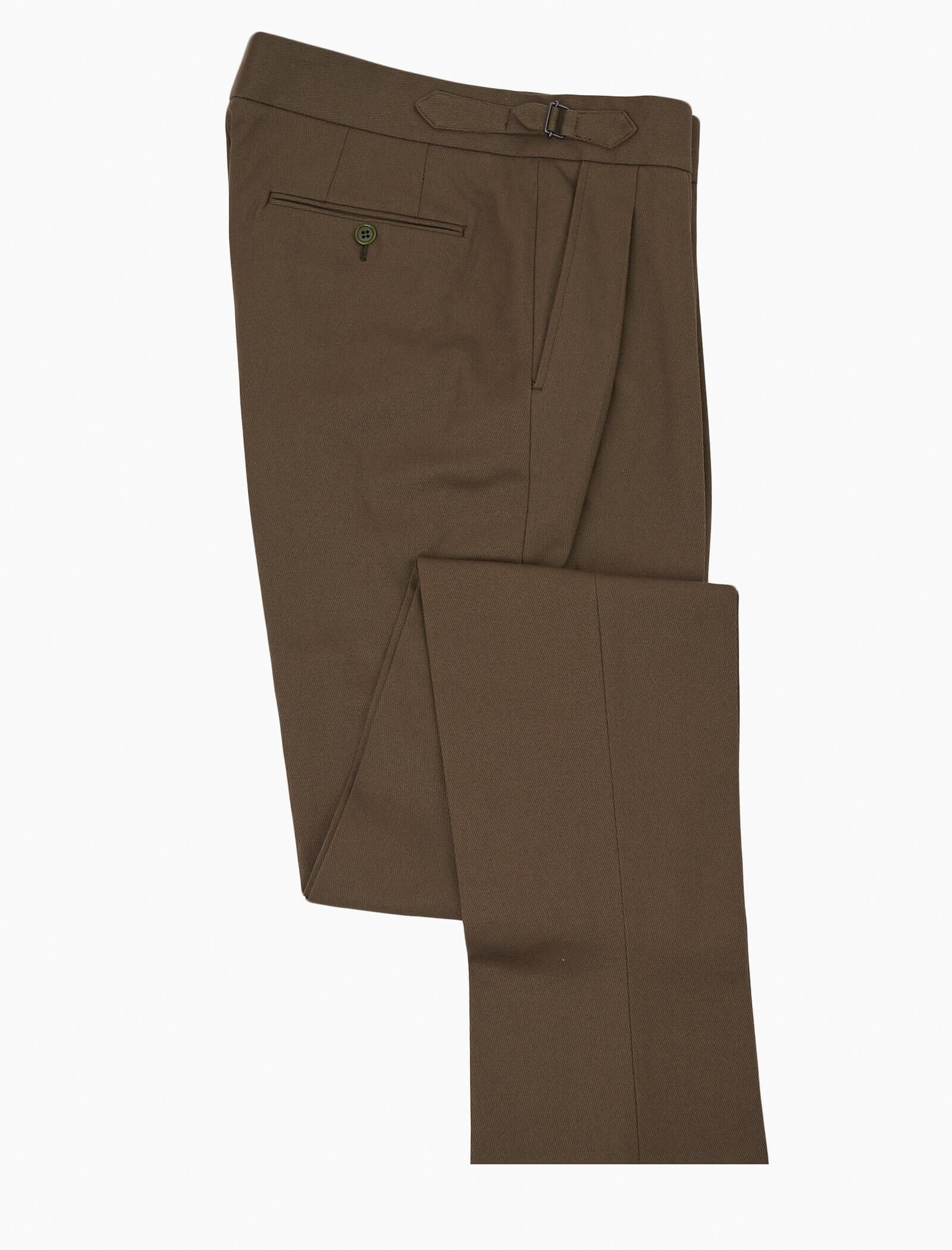 Dark Olive Green Cavalry Twill Cotton High Waisted Trousers | 40 Colori