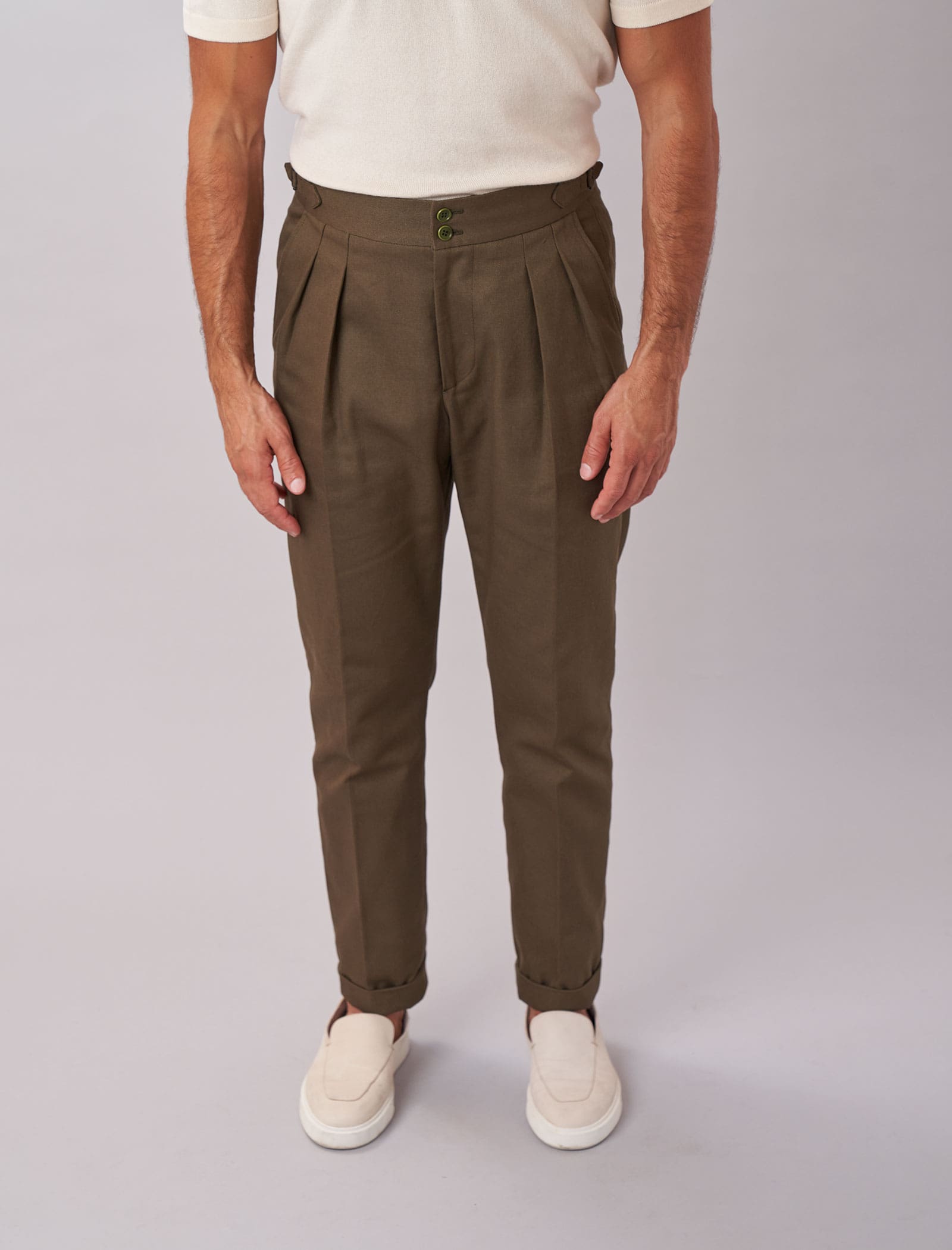 Men's Dark Olive Green Cavalry Twill Cotton High Waisted Trousers - 40  Colori