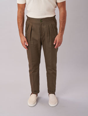 Dark Olive Green Cavalry Twill Cotton High Waisted Trousers | 40 Colori