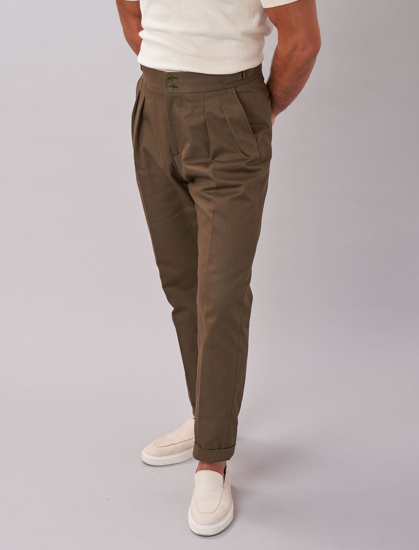Men's Dark Olive Green Cavalry Twill Cotton High Waisted Trousers - 40  Colori