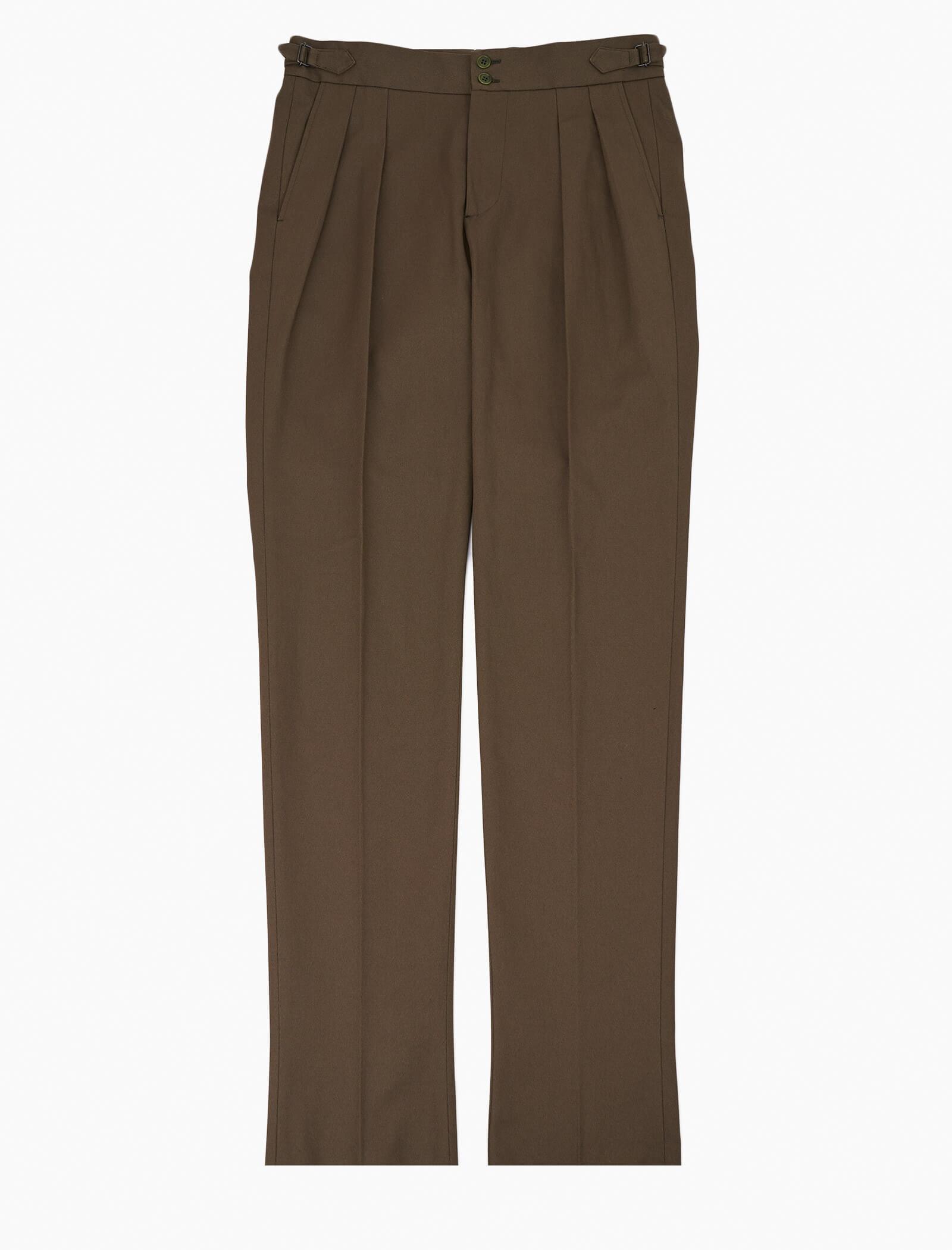 Dark Olive Green Cavalry Twill Cotton High Waisted Trousers | 40 Colori