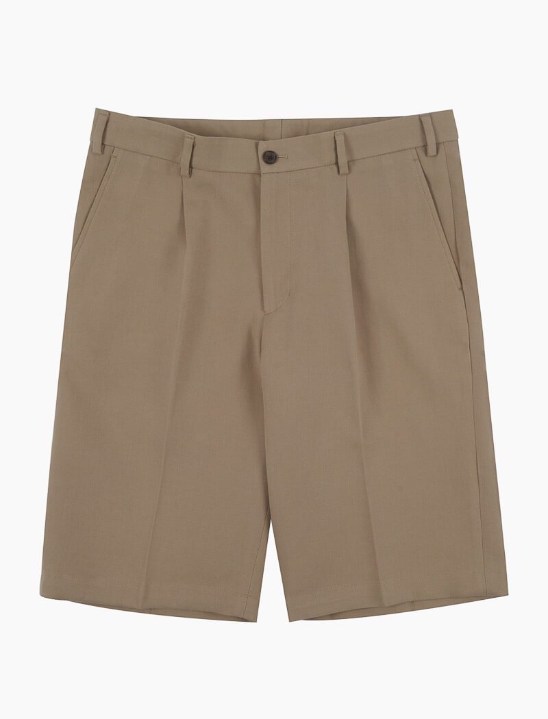 Beige Herrinbone Cotton Pleated Shorts | 40 Colori