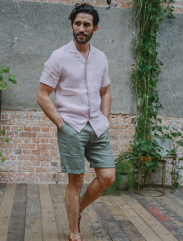 Men s Sage Green Linen Pleated Shorts 40 Colori