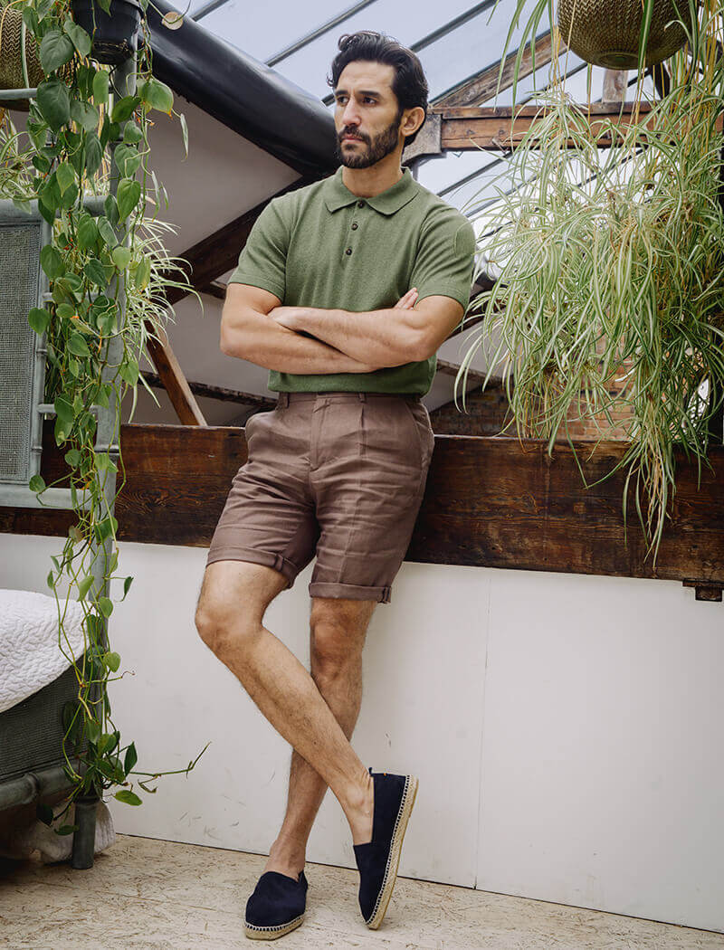 Men's Brown Linen Pleated Shorts
