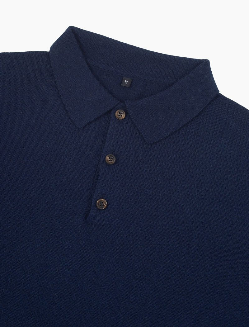 Navy Short Sleeve Cotton, Cashmere & Silk Knit Polo | 40 Colori