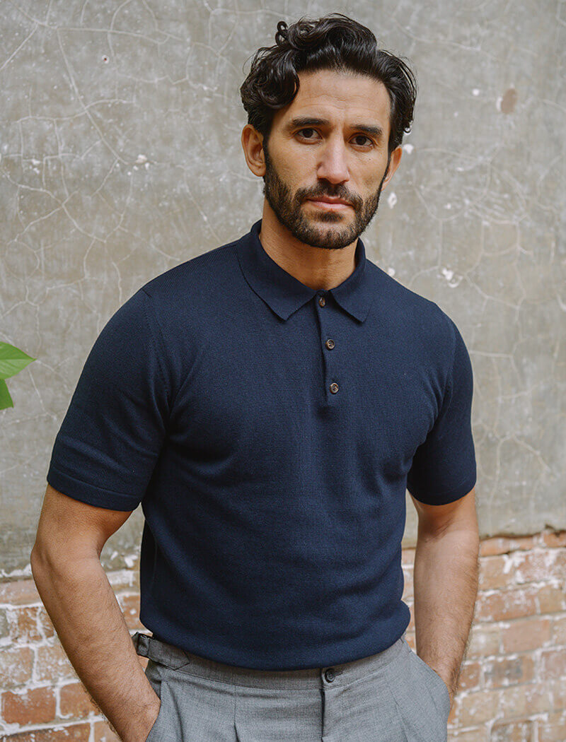 Navy Short Sleeve Cotton, Cashmere & Silk Knit Polo | 40 Colori