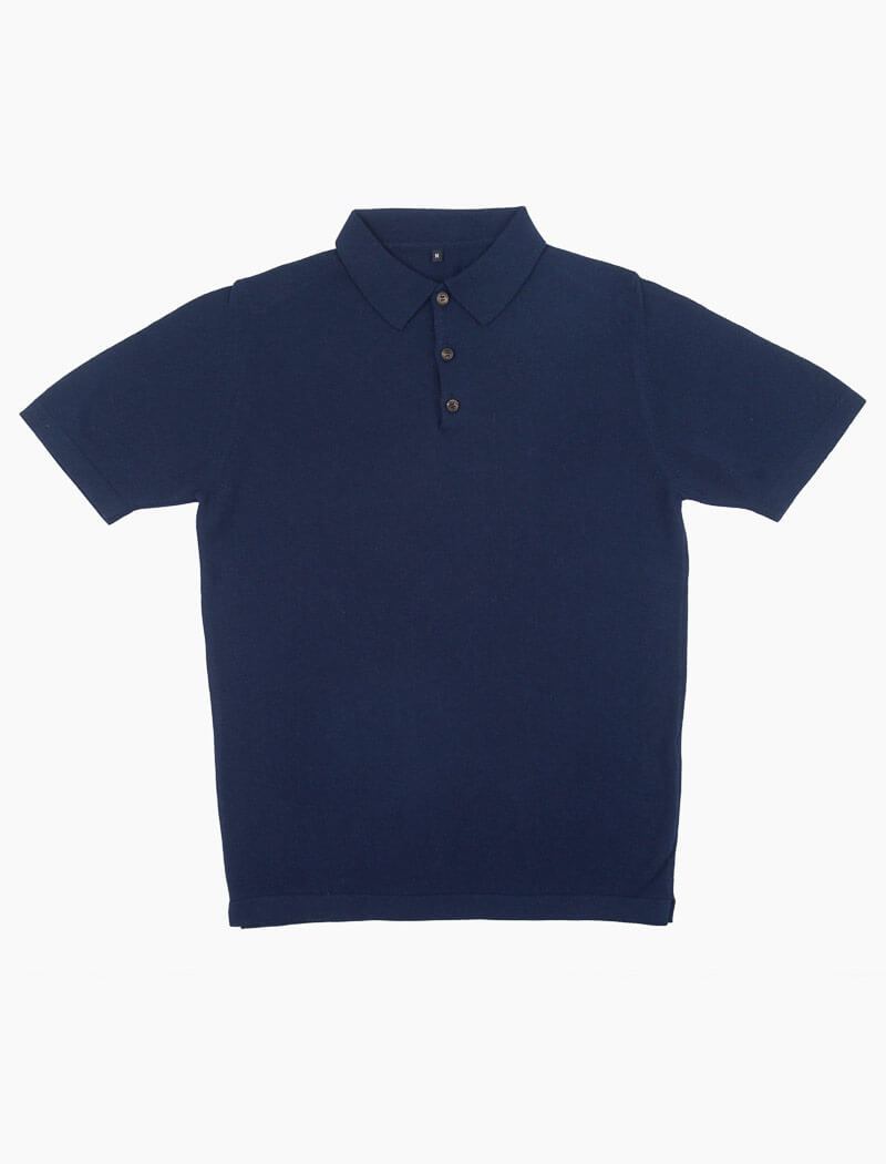 Navy Short Sleeve Cotton, Cashmere & Silk Knit Polo | 40 Colori