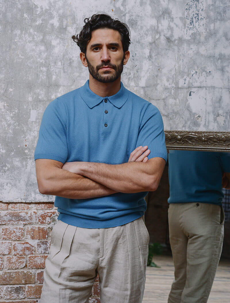 Cobalt Blue Short Sleeve Cotton, Cashmere & Silk Knit Polo | 40 Colori 