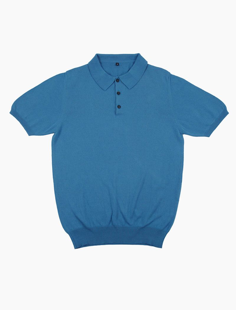 Cobalt Blue Short Sleeve Cotton, Cashmere & Silk Knit Polo | 40 Colori 