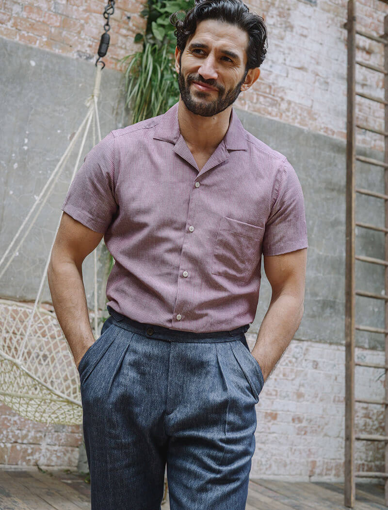 Red Striped Cotton Short Sleeve Shirt | 40 Colori