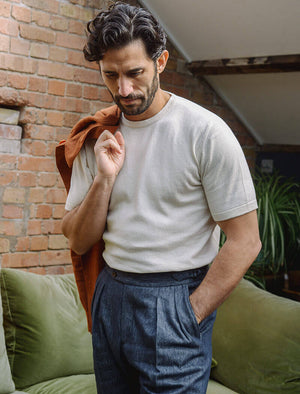Cream Short Sleeve Cotton, Cashmere & Silk Knit T-Shirt | 40 Colori