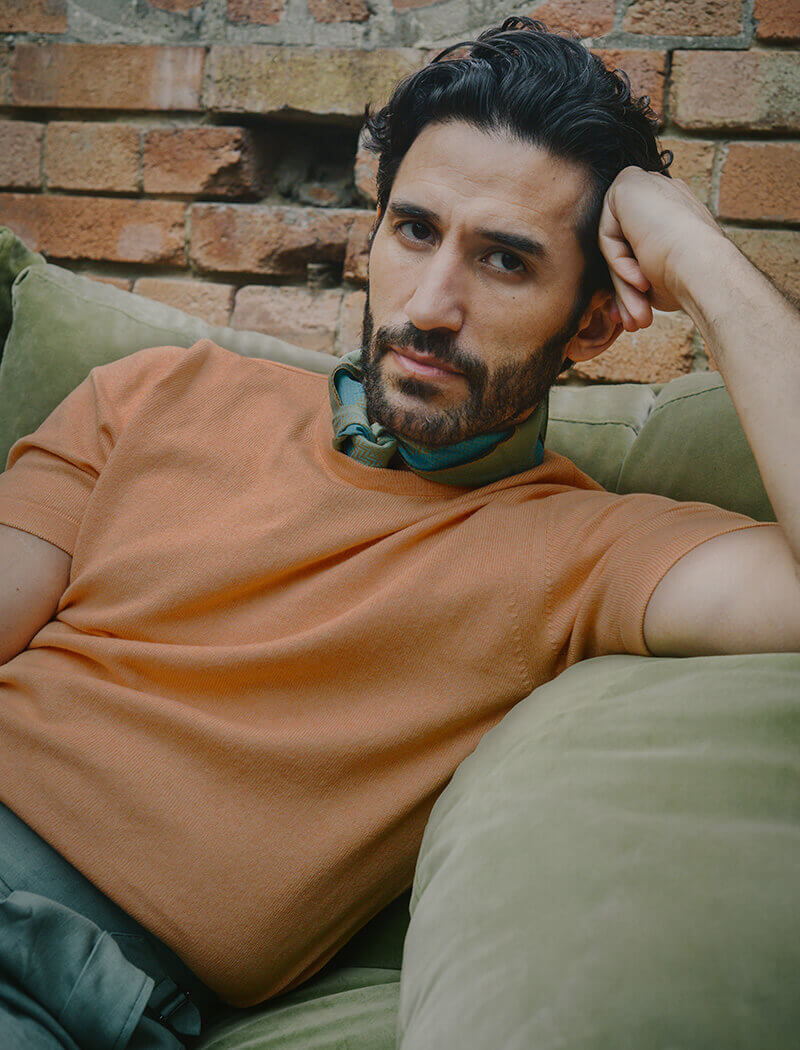 Light Orange Cotton, Cashmere & Silk Knit T-Shirt | 40 Colori