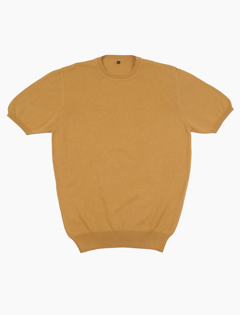 Mustard Short Sleeve Cotton, Cashmere & Silk Knit T Shirt | 40 Colori