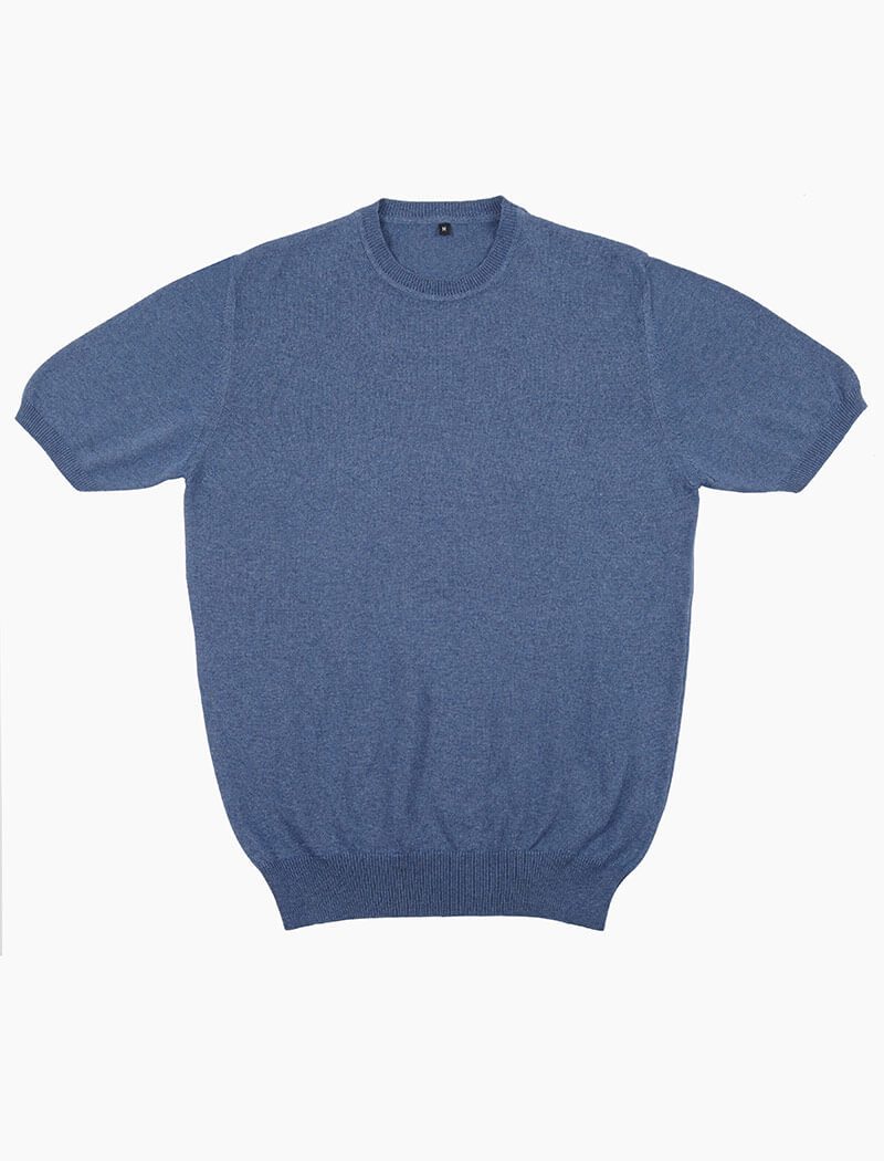 Denim Blue Short Sleeve Cotton, Cashmere & Silk Knit T Shirt | 40 Colori